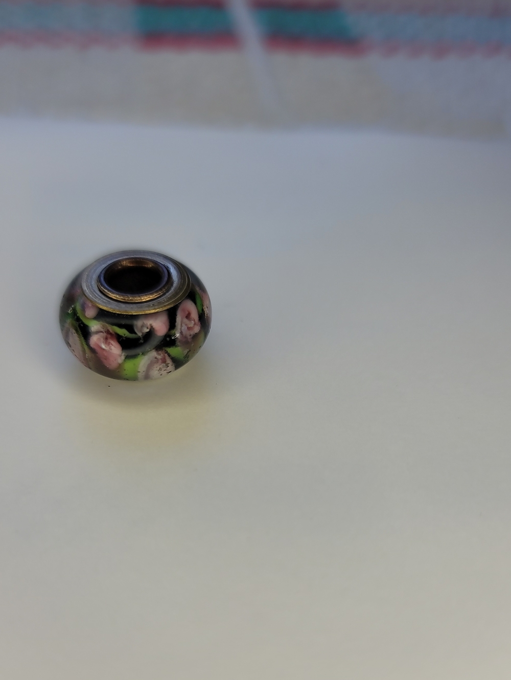 Handcrafted Glass Flower Charm Bead in Black with Pink & Green